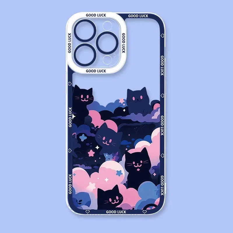 Kawaii Phone case with black cat design and 'Good Luck' text on a blue background
