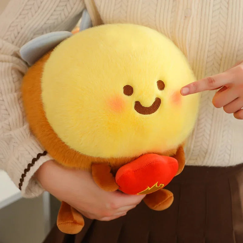 woman holding a kawaii bee plushie and pointing at its face