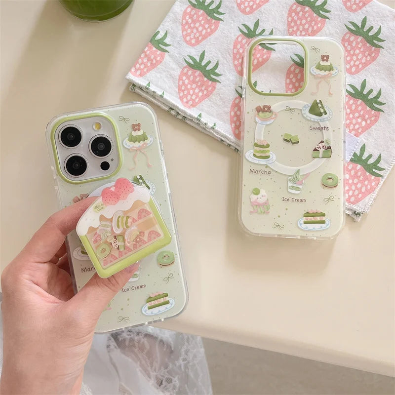 Kawaii Matcha Cake Phone Grip, this displays the set that has a case and grip together but also shows the case by itself that you can buy separately. 