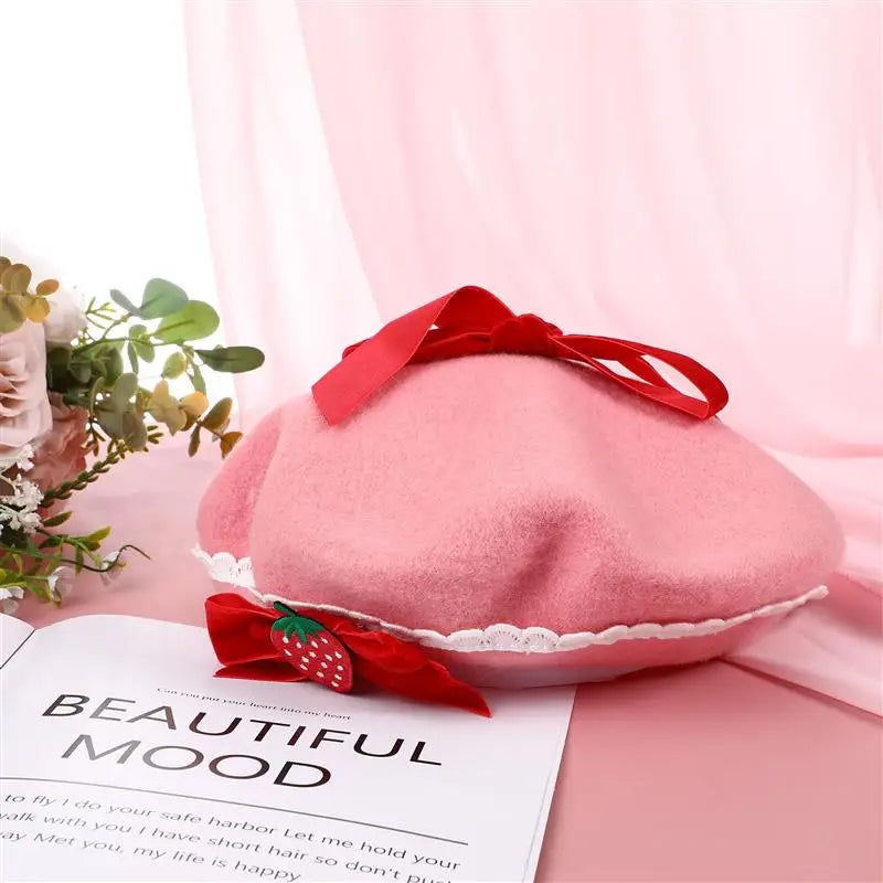 Kawaii Pink Strawberry Beret Hat – Kore Kawaii display picture 2