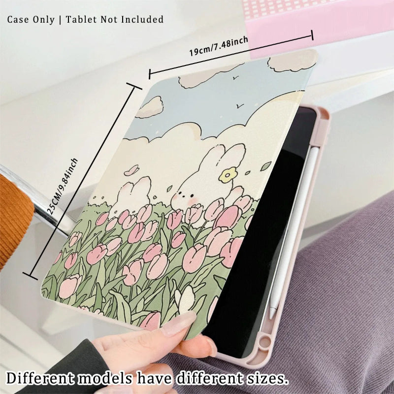 a women holding the Kawaii Tulips & Bunnies iPad Case being displayed on an ipad, bunnies in a tulip meadow with fluffy white clouds and blue sky is on the case itself. also in the picture is the measurements of the case which is 25cm length and 19cm width.