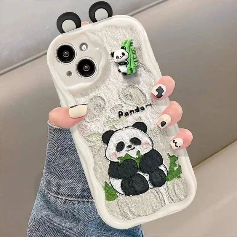 women holding a kawaii panda samsung phone white case with ears displaying a bamboo sat down eating bamboo on the case 