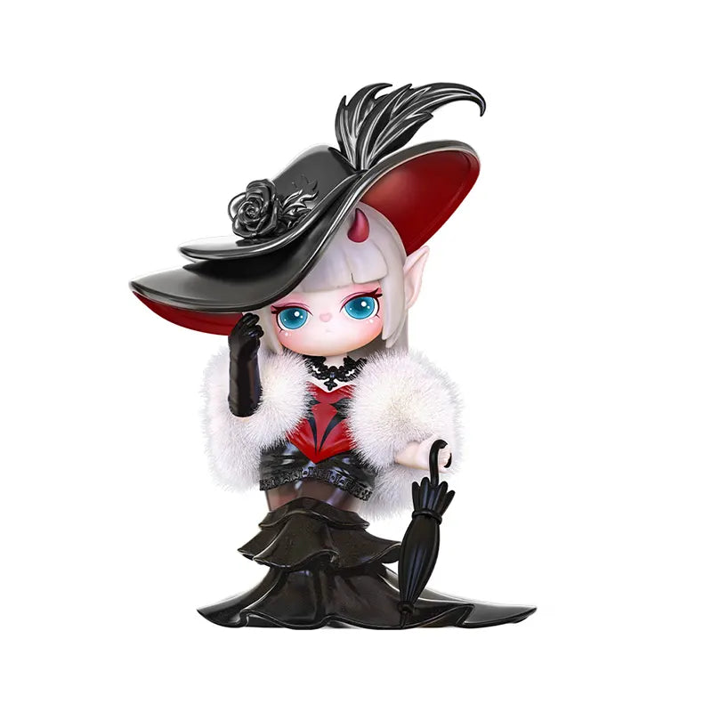 Animated character with a large hat and formal outfit on a white background