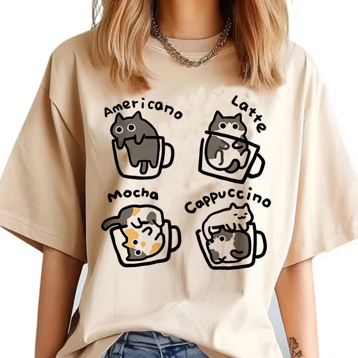 Kawaii Coffee & Cats T-Shirt front view Khaki