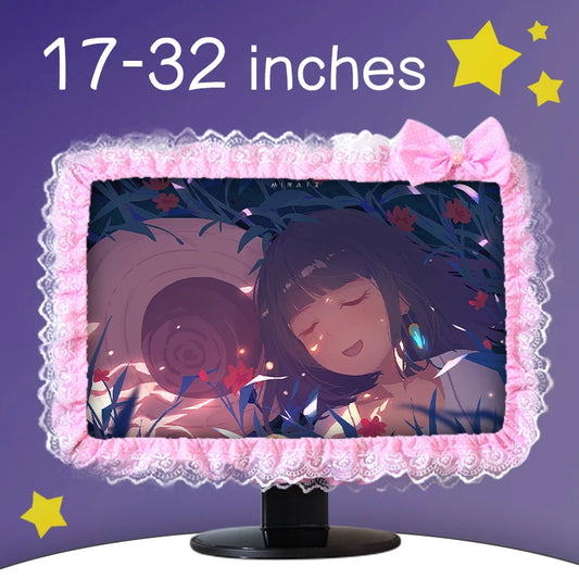 Monitor with a pink lace cover featuring an anime-style illustration on a purple background with star decorations.