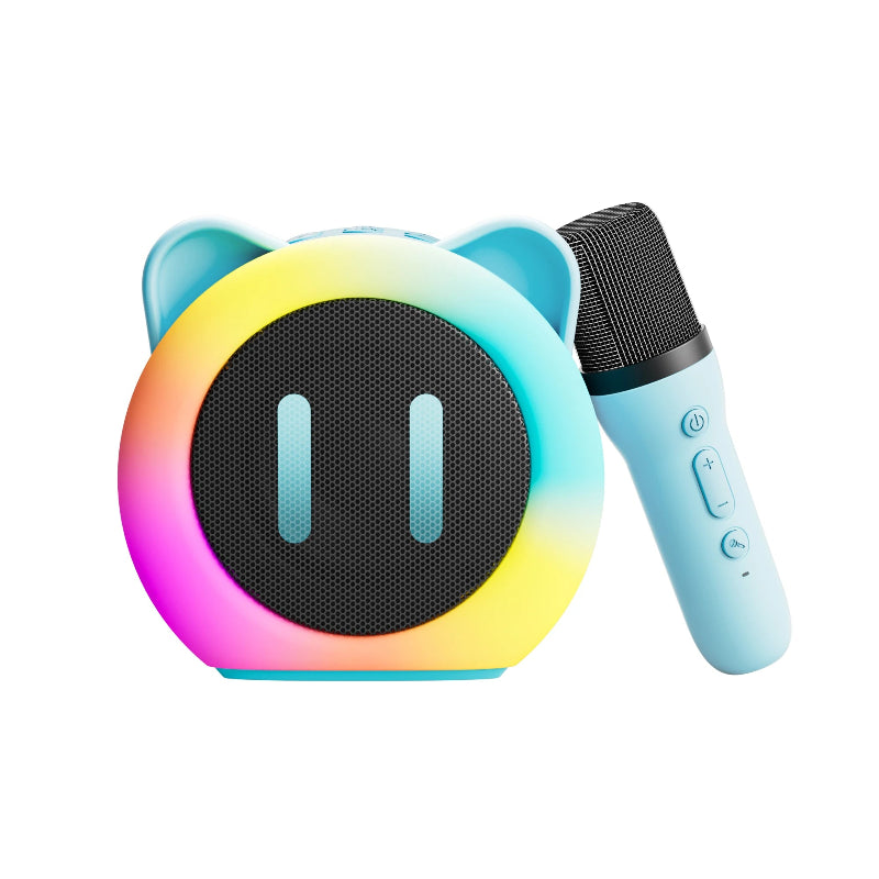 Cute Cat Mini Karaoke Speaker blue edition with a blue microphone next to it on a white background