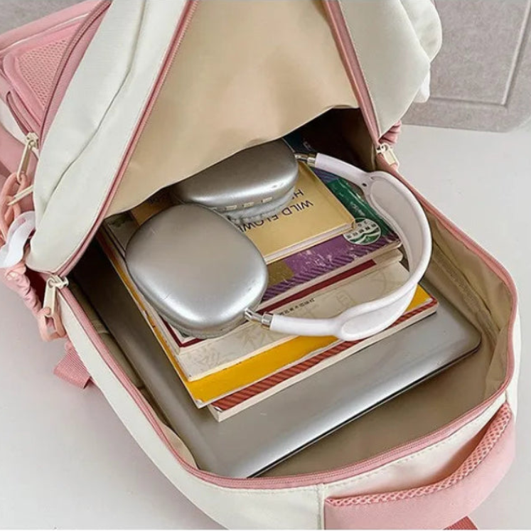 pink neko backpack displaying the inside of the bag