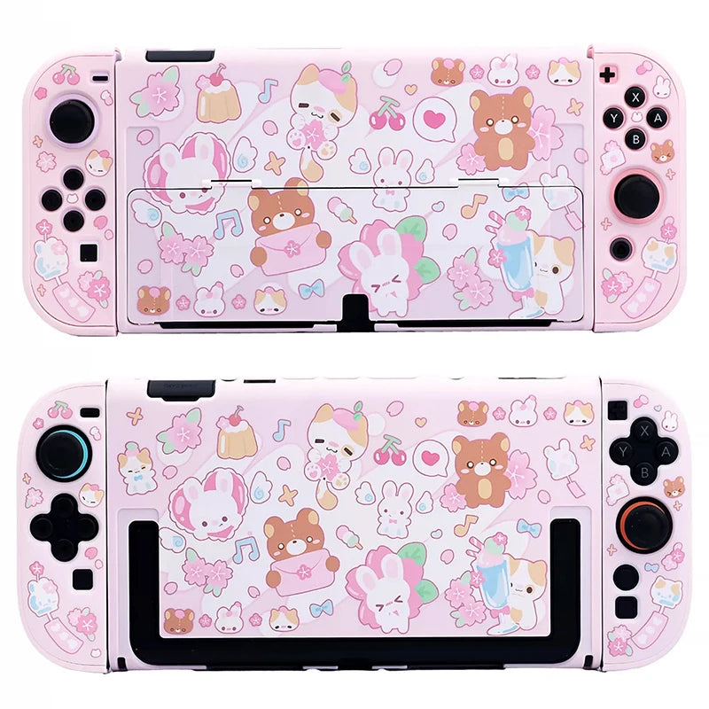 Pink gaming console cases with cartoon character design on a white background