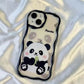 kawaii panda samsung phone case with no ears and a panda sat eating bamboo displayed on a white silk background