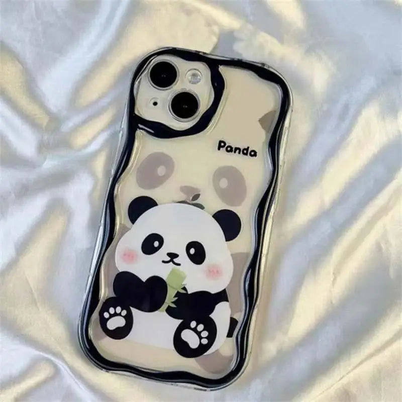 kawaii panda samsung phone case with no ears and a panda sat eating bamboo displayed on a white silk background