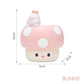 pink mushroom top planter with bunny figurine and measurements