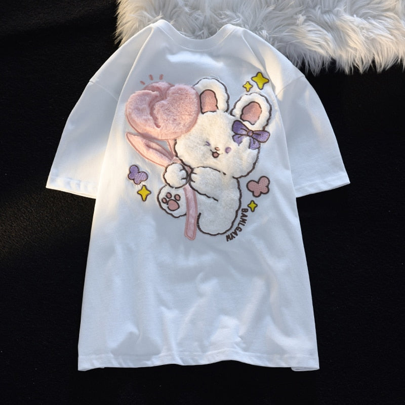 Kawaii Fluffy Tulip Bunny T-Shirt in White