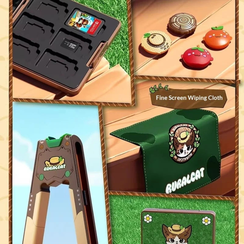Collection of items including a screen cleaning cloth, a small device, and a stand with 'Ruralcat' branding.