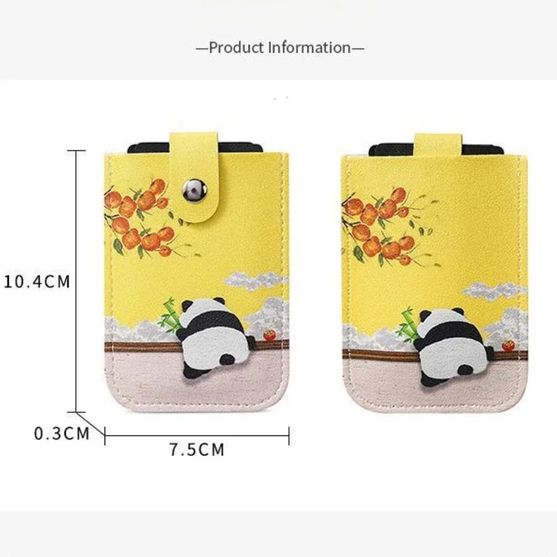 Two yellow card cases with panda designs and measurements on a white background