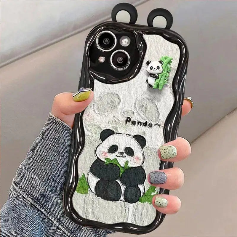 women holding a kawaii panda samsung phone case displaying a panda sat down eating bamboo