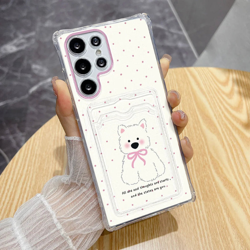 Cottage core cuties samsung phone case, kawaii white bear version with white and spotted background