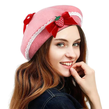 Kawaii Pink Strawberry Beret Hat