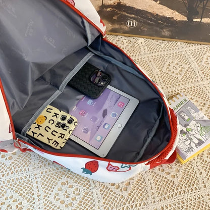 White and Red Strawberry Print Backpack