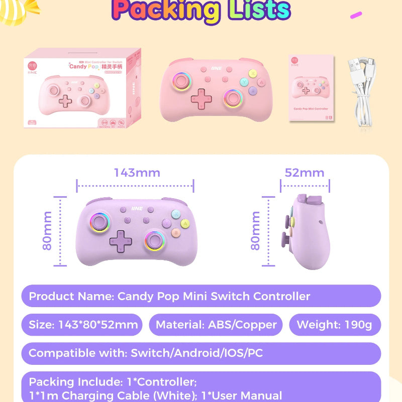 Packing list for Candy Pop Mini Switch Controller with pink and purple controllers, box, and cable on a light yellow background.