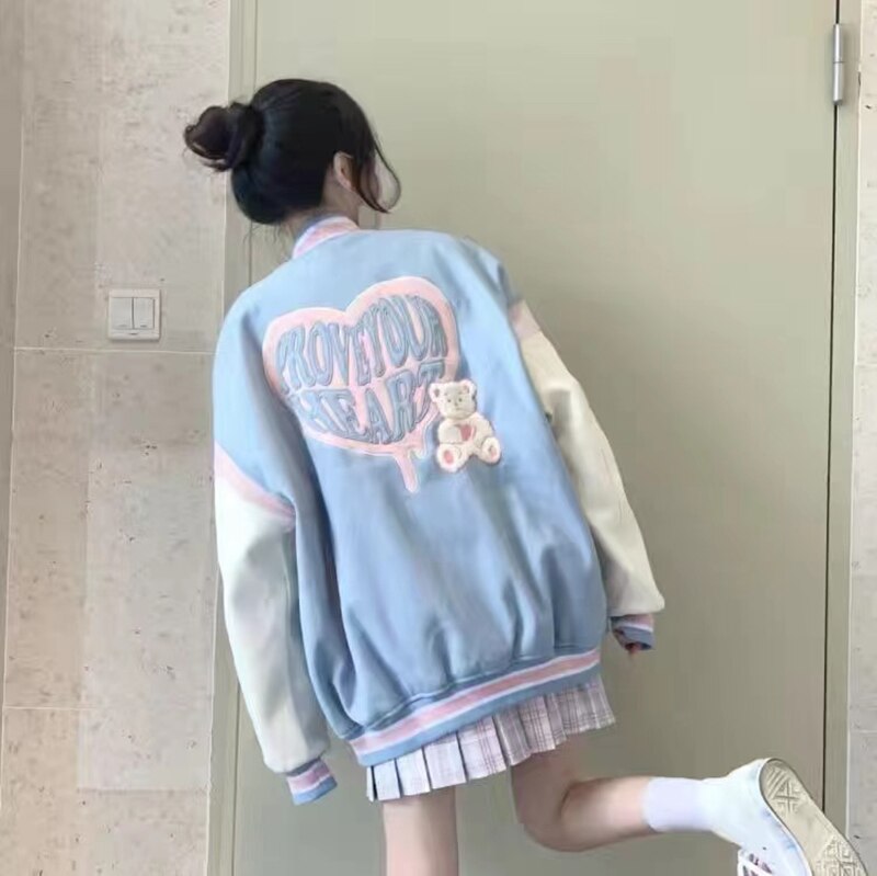 Model Wearing Kawaii Kawaii Blue Pastel Retro Jacket