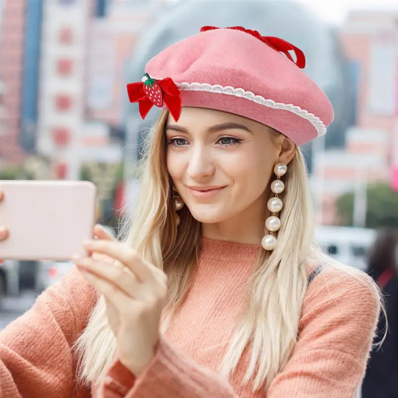 Kawaii Pink Strawberry Beret Hat