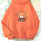 Orange hoodie with a red panda design on a checkered background