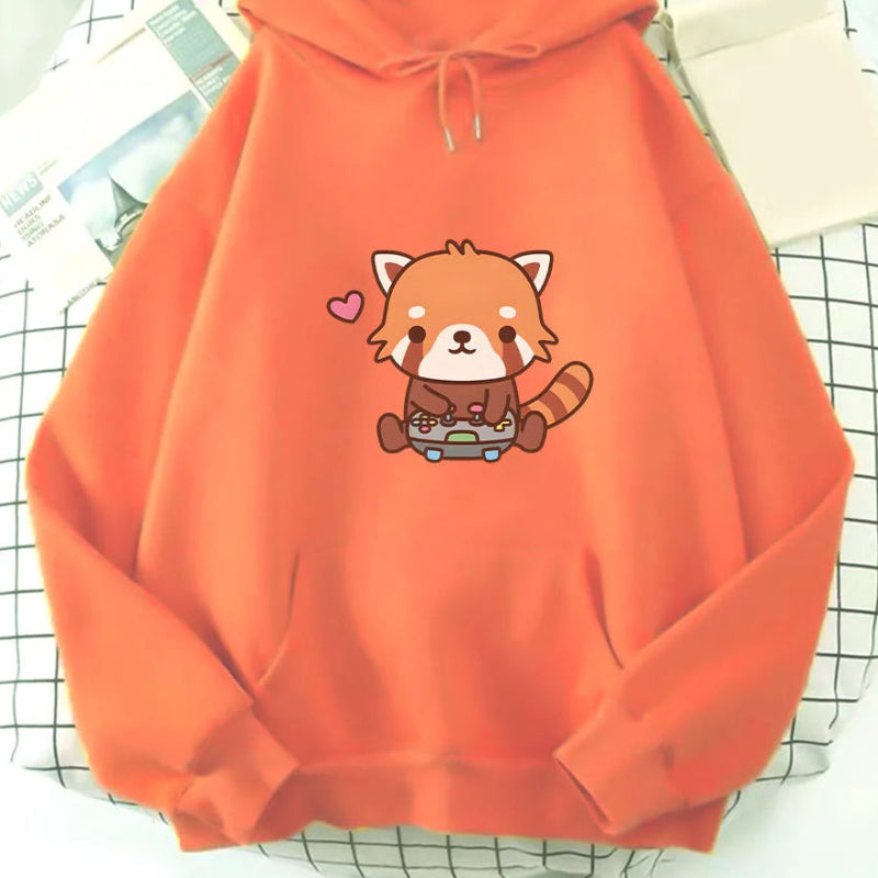 Orange hoodie with a red panda design on a checkered background