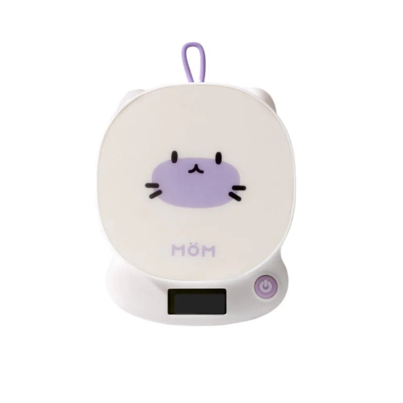 Cat shaped white scale with a grey cartoon face and text on a white background
