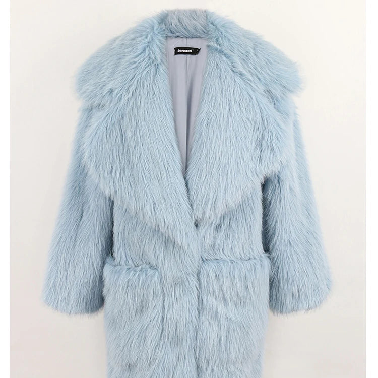 Light blue faux fur coat on a white background