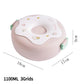 Pink bento box with cartoon designs and measurements on a white background