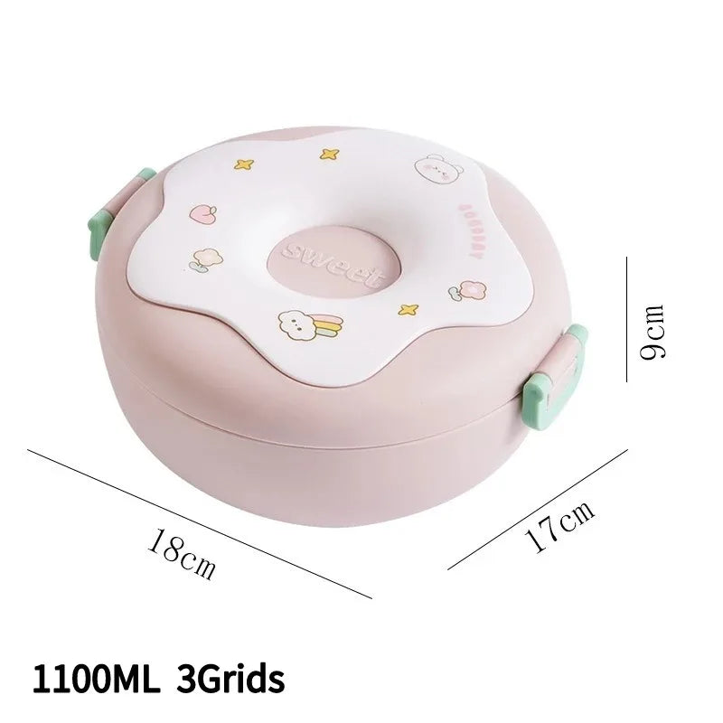 Pink bento box with cartoon designs and measurements on a white background