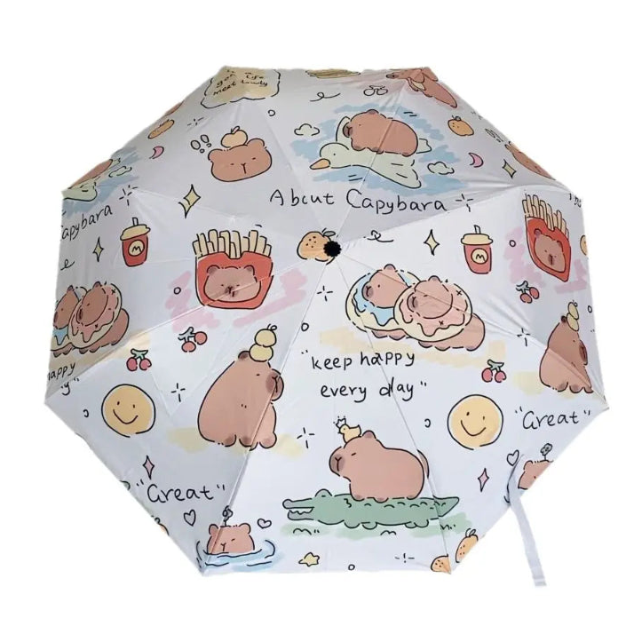close up of kawaii capybara umbrella open on white background