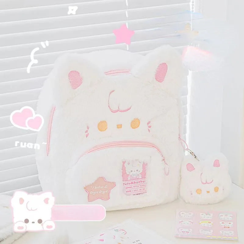 Pink & White Plush Cat Backpack