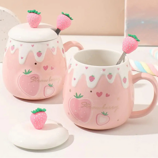 Kawaii Pink Strawberry Mug Set on a countertop 