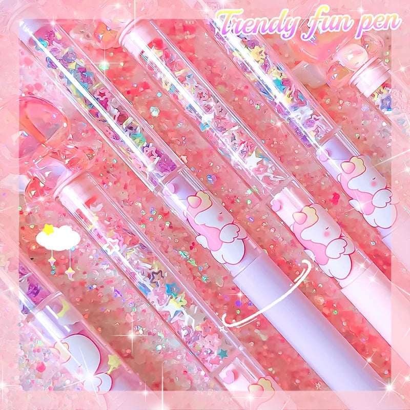 Kawaii decorative pens with unicorn designs on a pink glittery background, labeled 'Trendy fun pen'.
