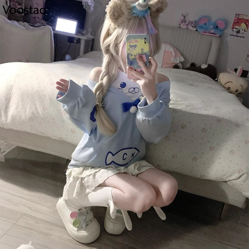 Kawaii Blue Seal Two Piece off Shoulder Hoodie with woman taking selfie 