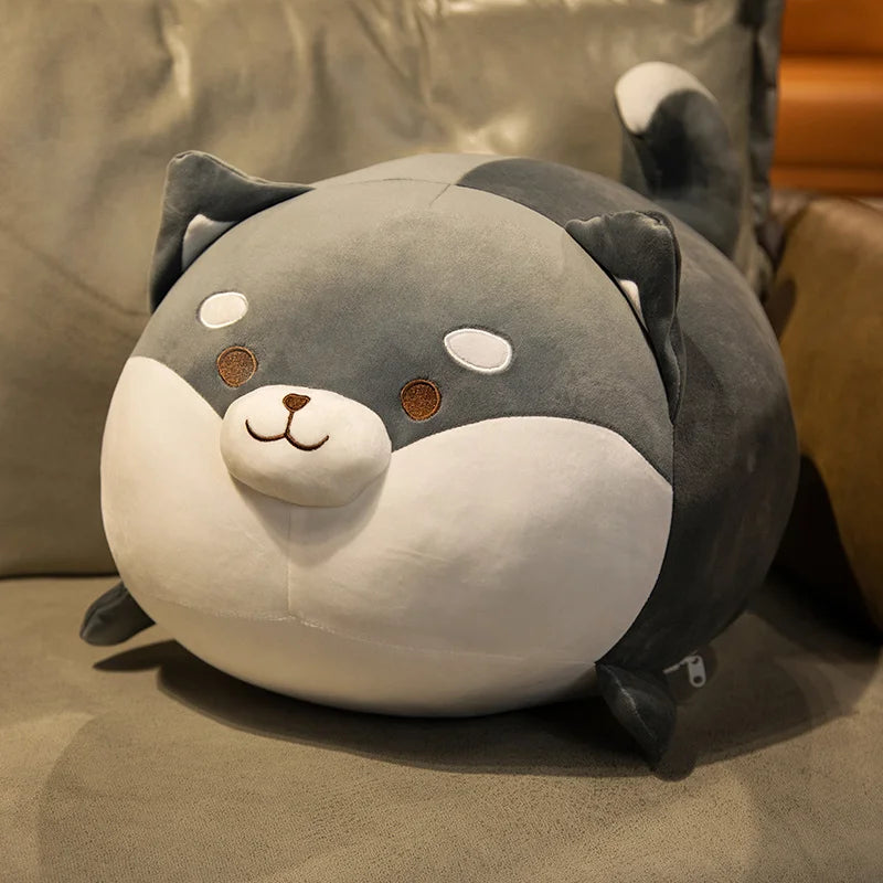 chubby dark grey and white pink shiba inu plush toy