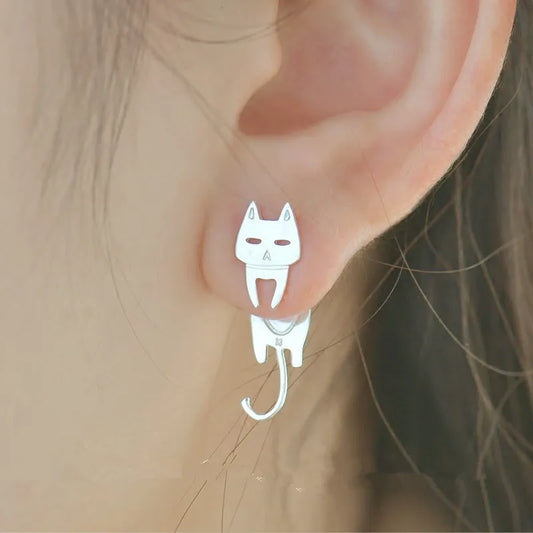 925 Sterling Silver Cat & Fish Earrings