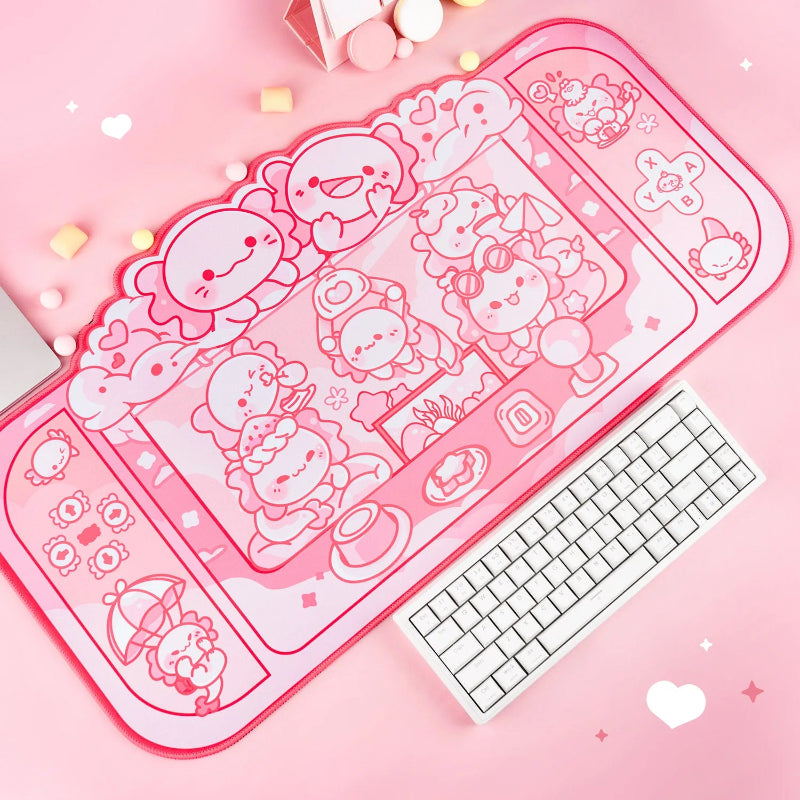 Pink cartoon-themed mouse pad with a keyboard on a pink background