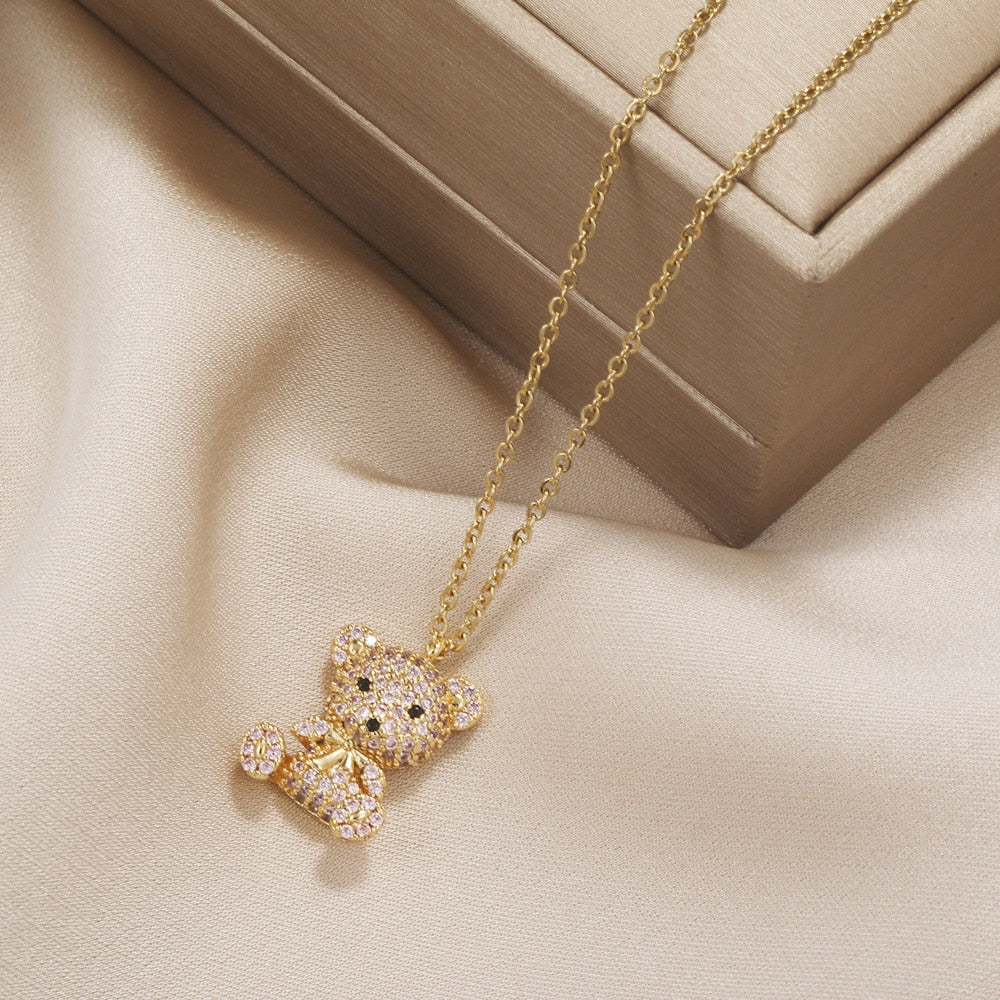 Kawaii Gold Tone Teddy Bear Pendant Necklaces