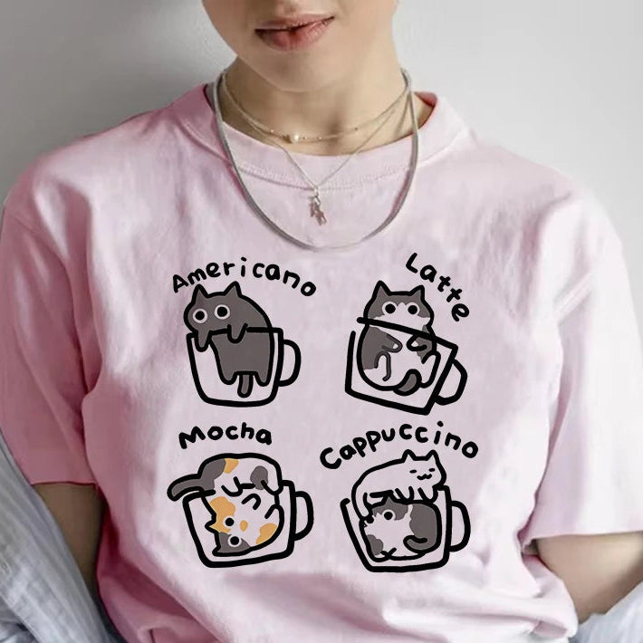 Kawaii Coffee & Cats T-Shirt front view Pink