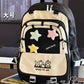 Kawaii backpack with star designs on a wooden surface.