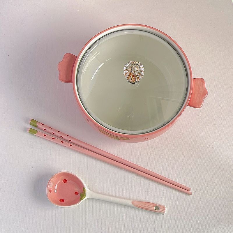 Kawaii Ceramic Strawberry Ramen Bowl Set