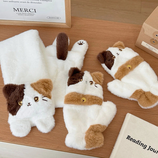Kawaii Cat Scarf & Gloves set on a table