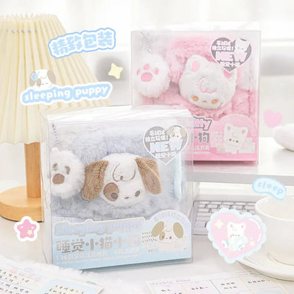 Plush Sleepy Puppy & Cat Notebook