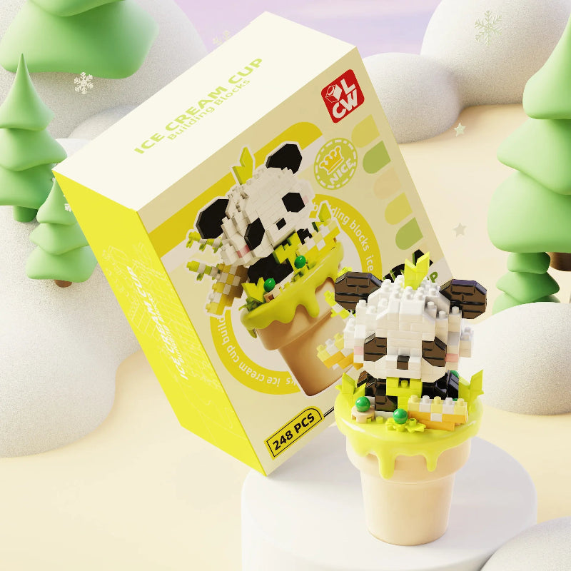 kawaii ice cream animal building blocks panda edition is displayed on a snowy background with its box along side it