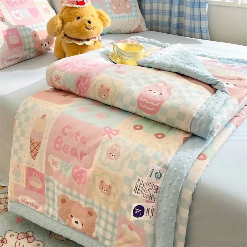 Kawaii Spring Quilts , this is the Cute Bear Design displayed on a bed next to a dog teddy.