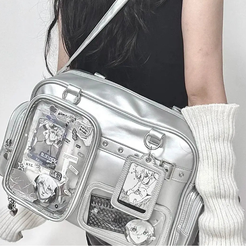 Kawaii Silver Display Window Crossbody Bag worn by a woman 