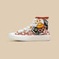 A white high-top canvas sneaker with a Japanese koi fish design, featuring red wave patterns, a gold ingot, and red calligraphy on a beige background.