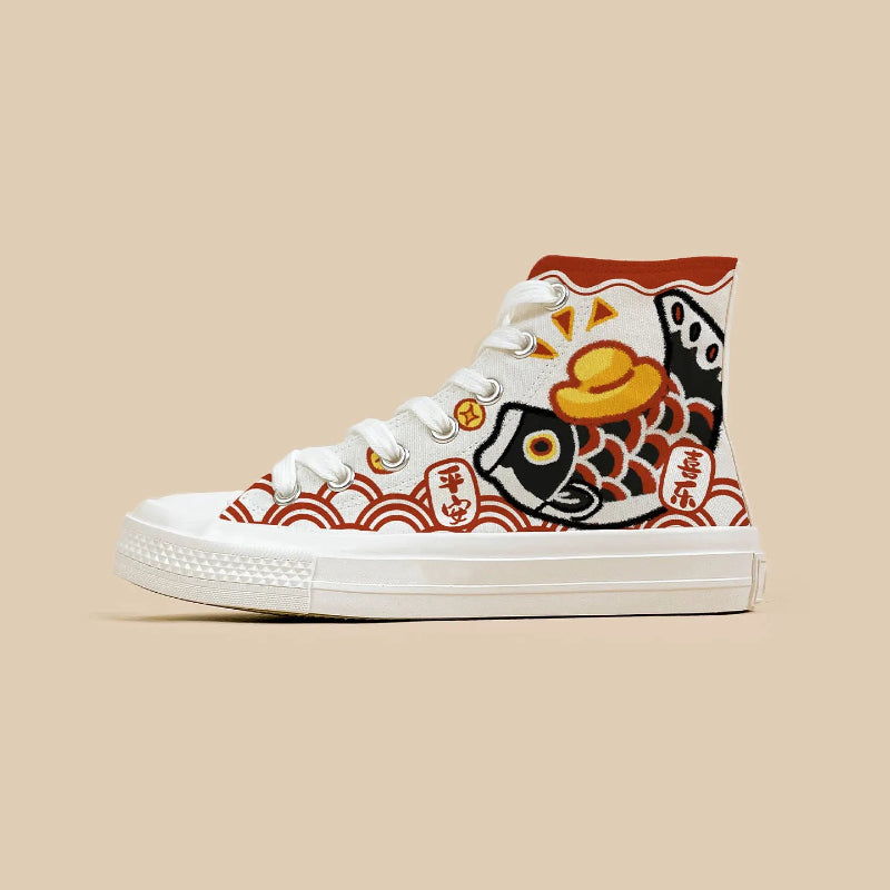 A white high-top canvas sneaker with a Japanese koi fish design, featuring red wave patterns, a gold ingot, and red calligraphy on a beige background.